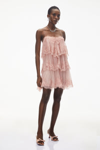 Rachel Pink Tiered Mini Dress with Lace Trim