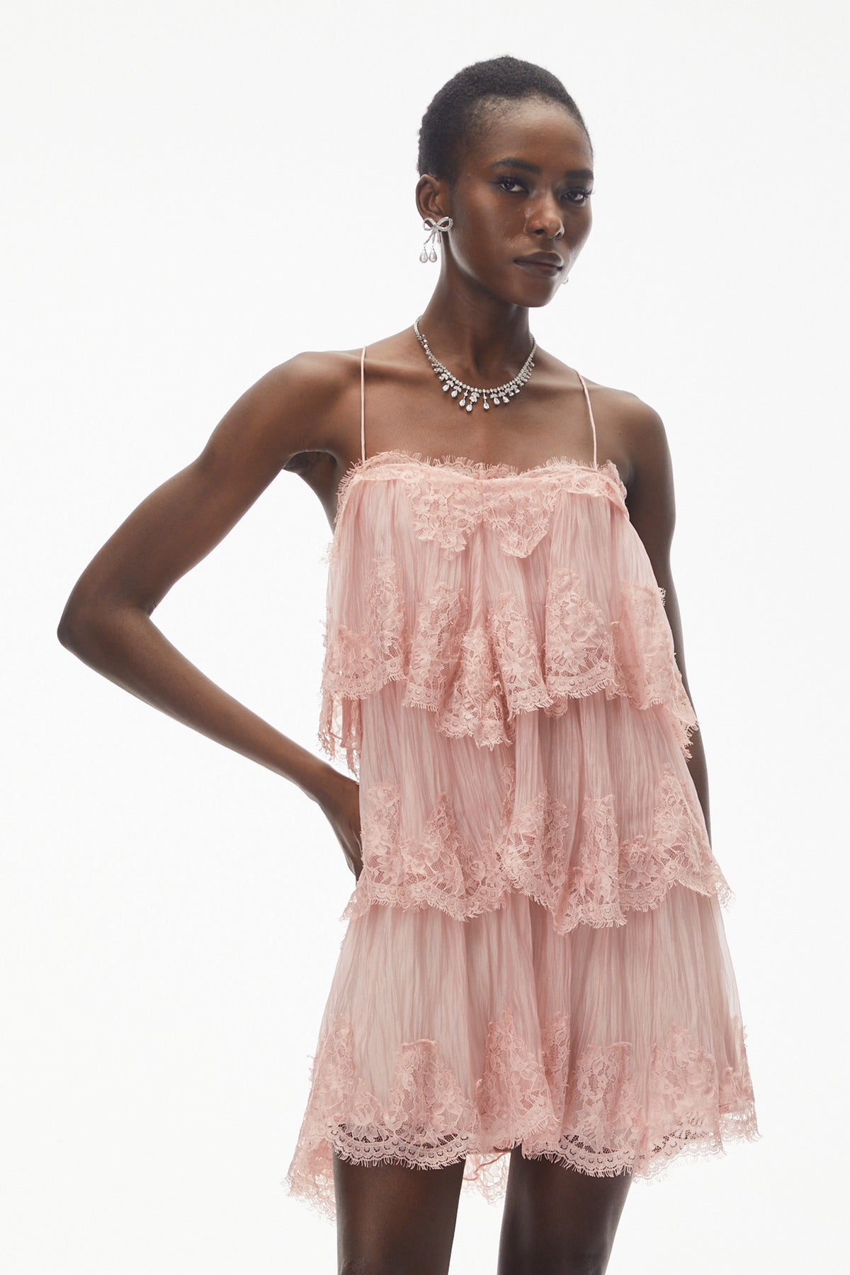 Rachel Pink Tiered Mini Dress with Lace Trim