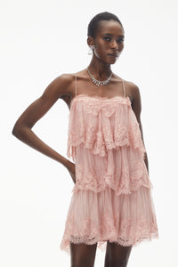 Rachel Pink Tiered Mini Dress with Lace Trim