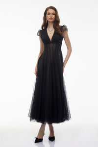 Radiya Black Floral Lace Pleated Maxi Dress