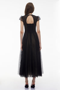 Radiya Black Floral Lace Pleated Maxi Dress