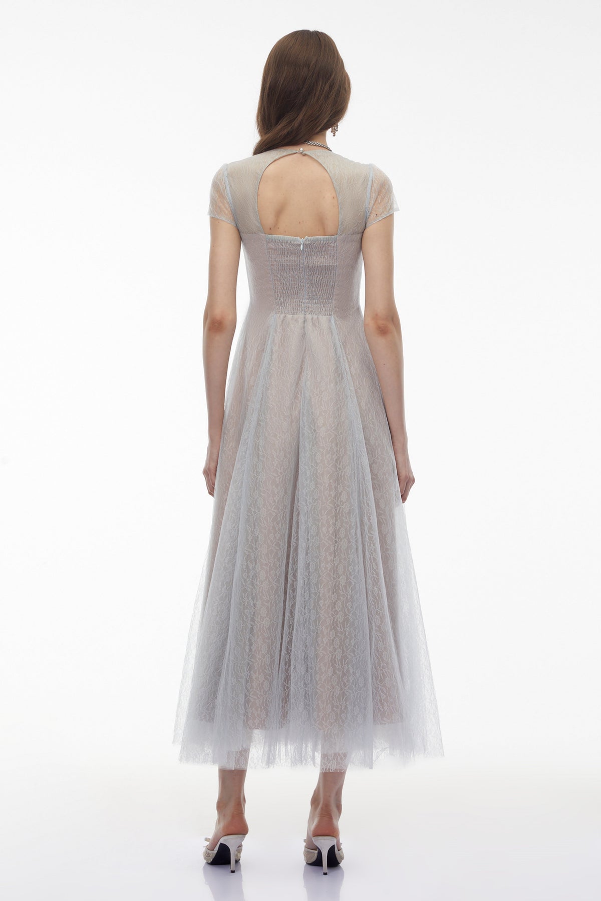 Radiya Blue Floral Lace Pleated Maxi Dress