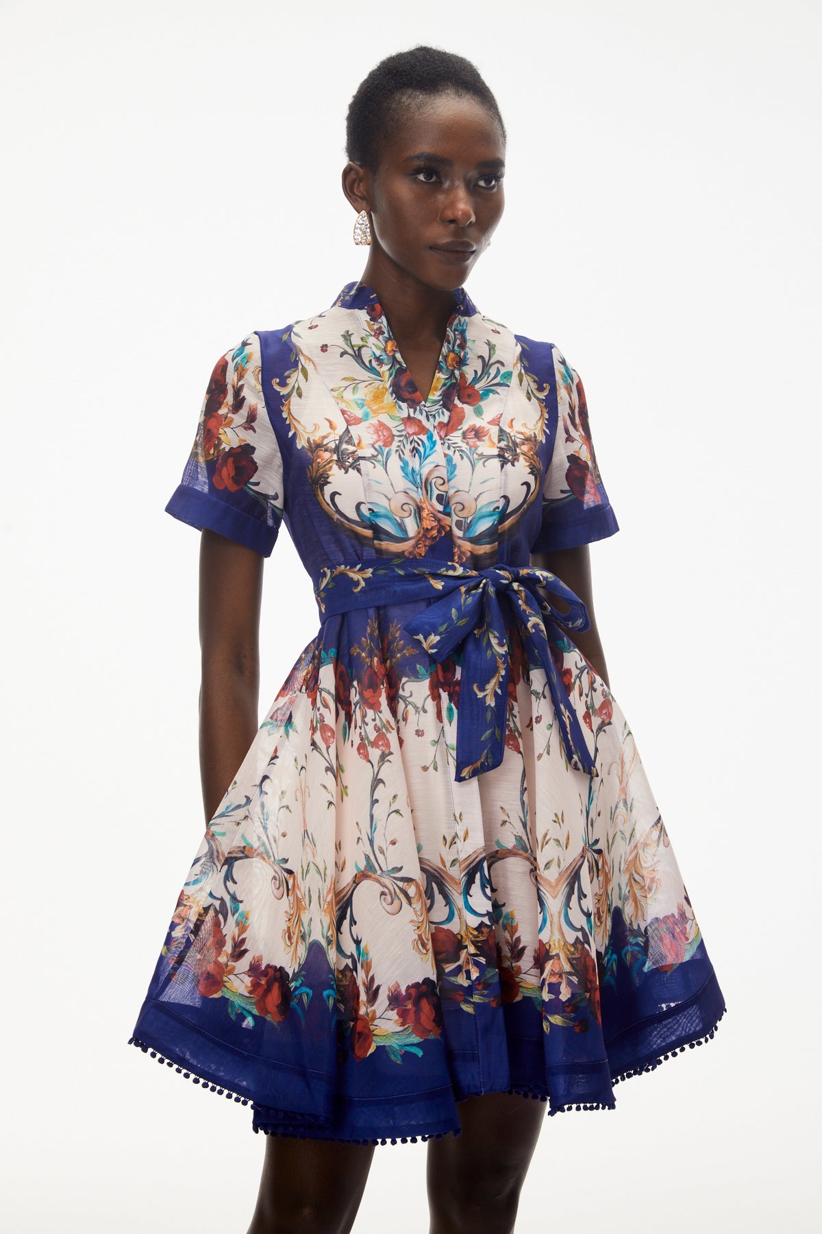 Rahab Blue Color Block Floral Print Mini Dress
