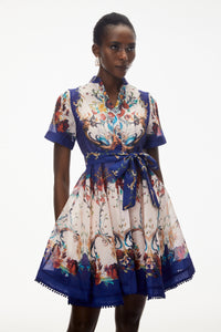 Rahab Blue Color Block Floral Print Mini Dress