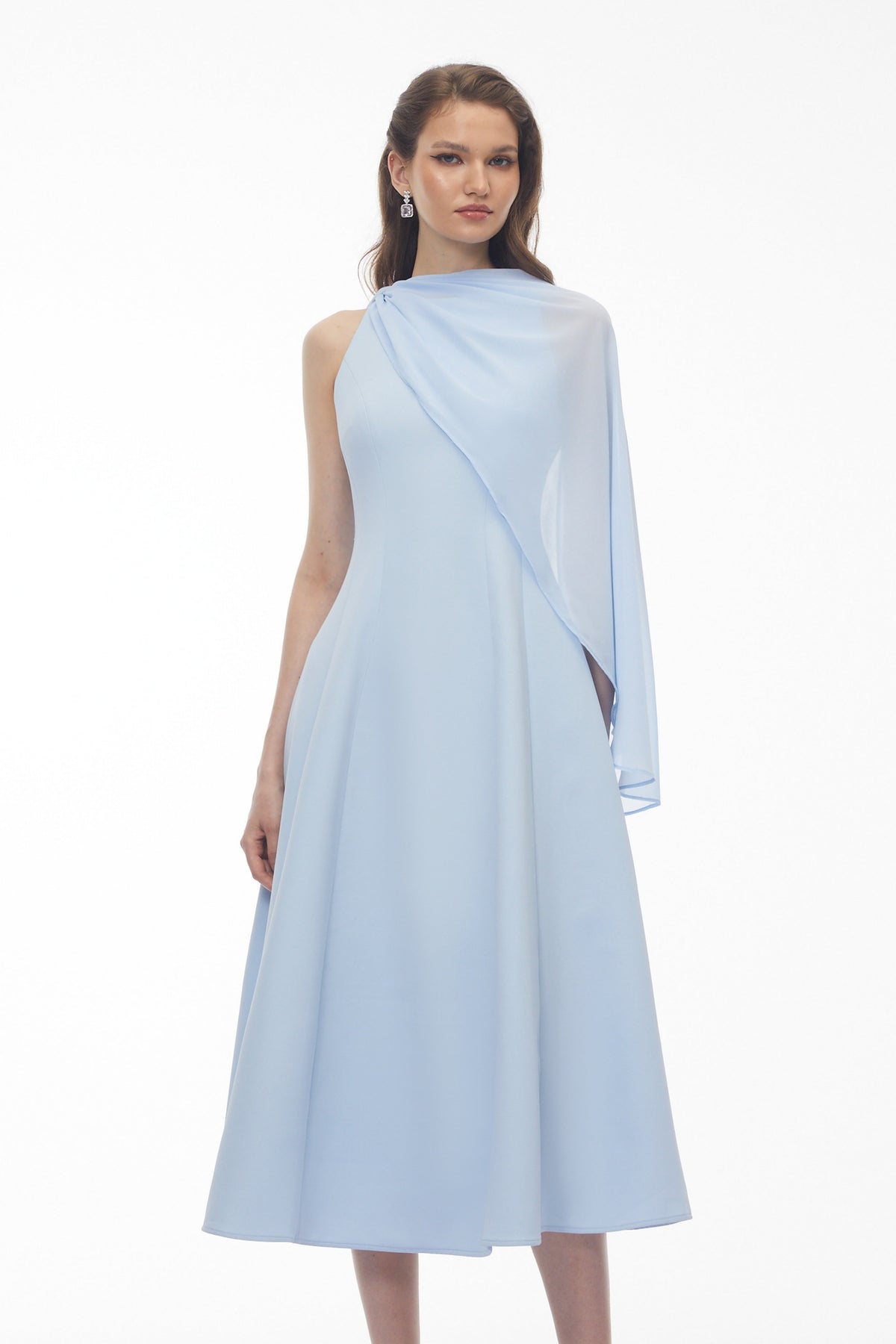 Renee Baby Blue Sleeveless Midi Dress with Draped Cape