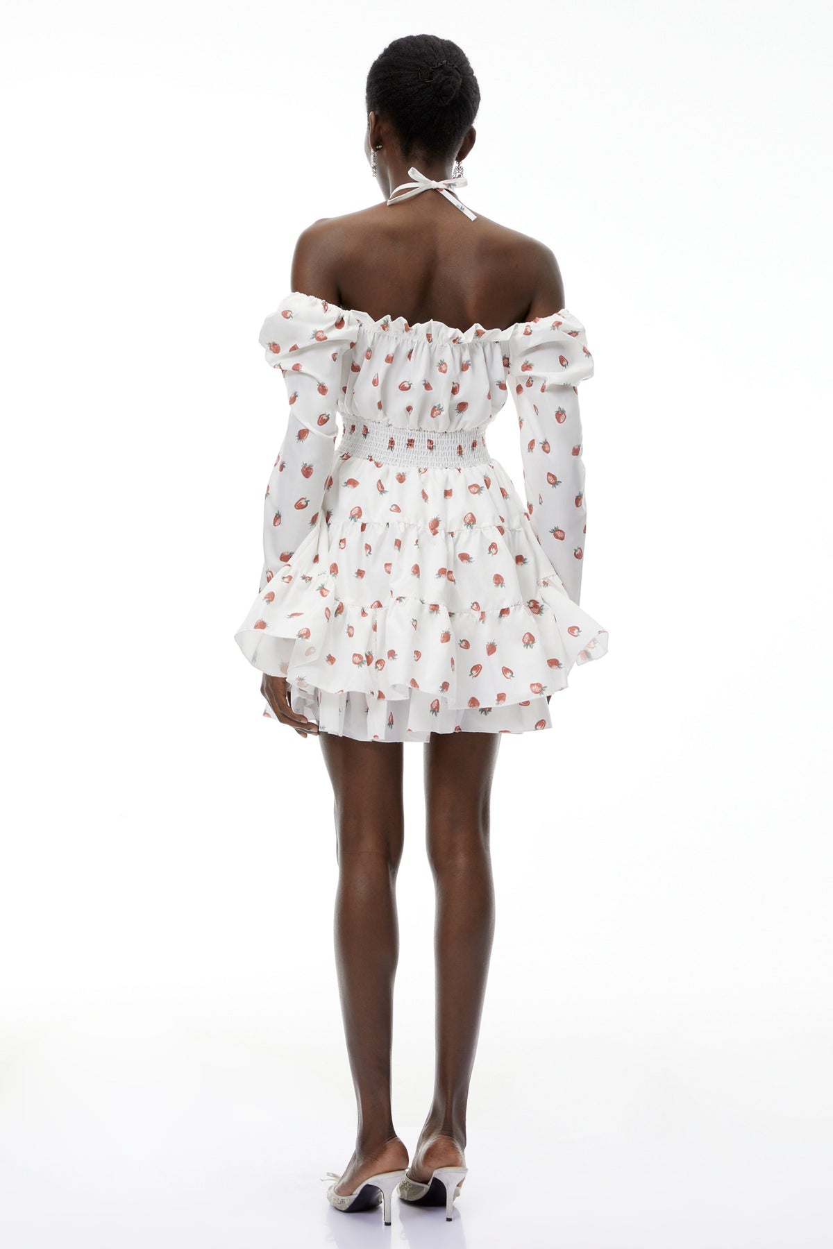 Renée White Strawberry Print Tiered Mini Dress