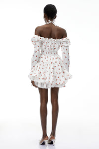 Renée White Strawberry Print Tiered Mini Dress