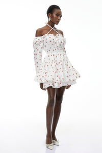 Renée White Strawberry Print Tiered Mini Dress