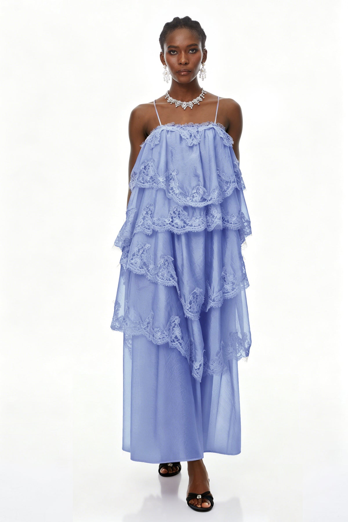 Rhema Blue Tiered Maxi Dress with Lace Trim