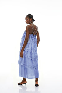 Rhema Blue Tiered Maxi Dress with Lace Trim