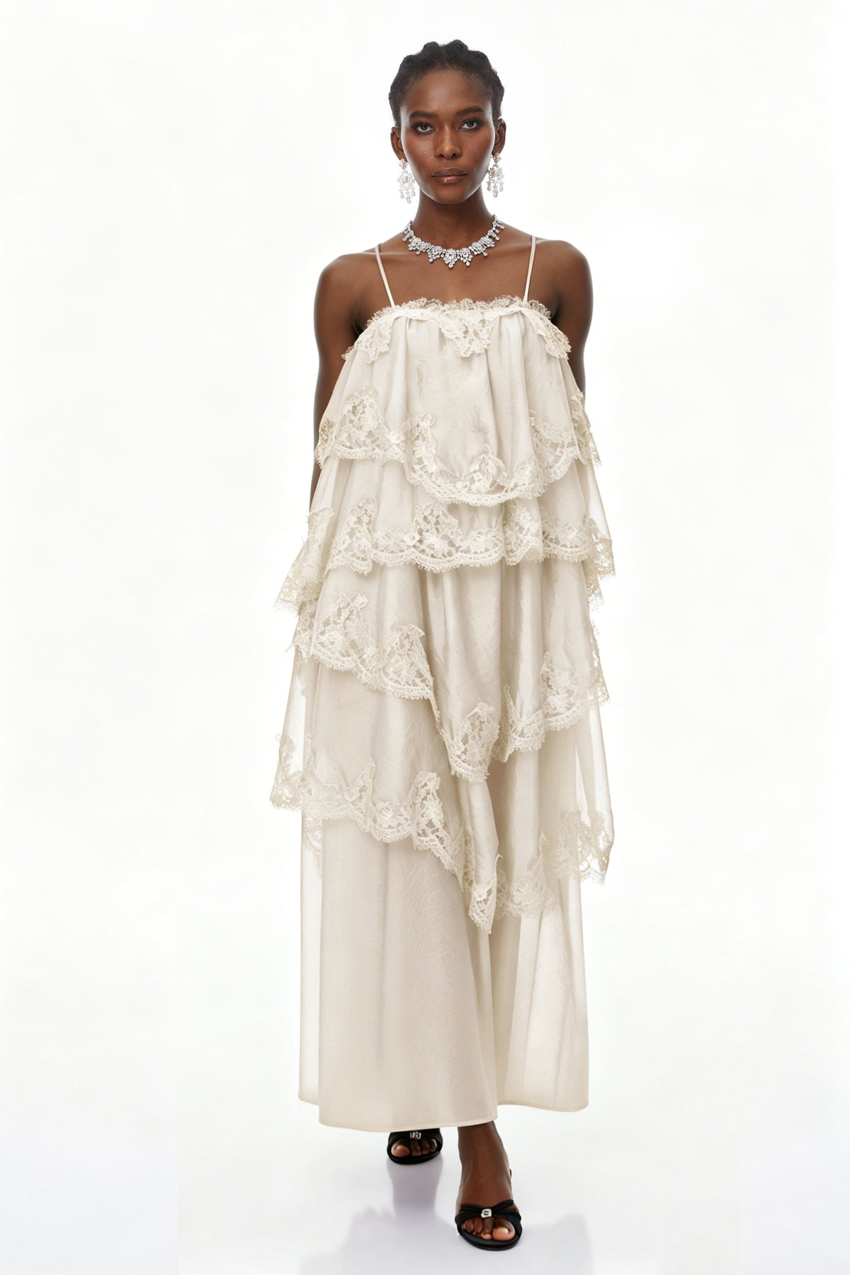 Rhema Cream White Tiered Maxi Dress with Lace Trim