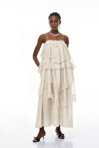 Rhema Cream White Tiered Maxi Dress with Lace Trim