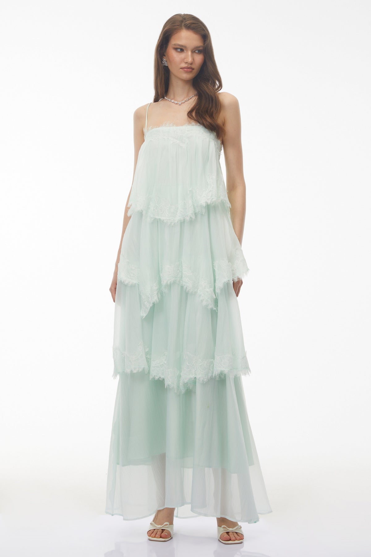 Rhema Mint Green Tiered Maxi Dress with Lace Trim