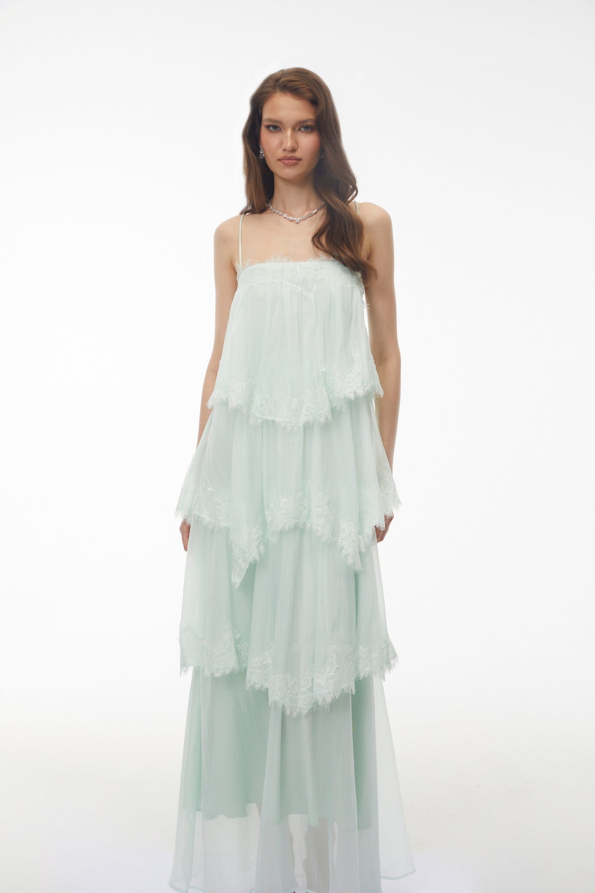 Rhema Mint Green Tiered Maxi Dress with Lace Trim