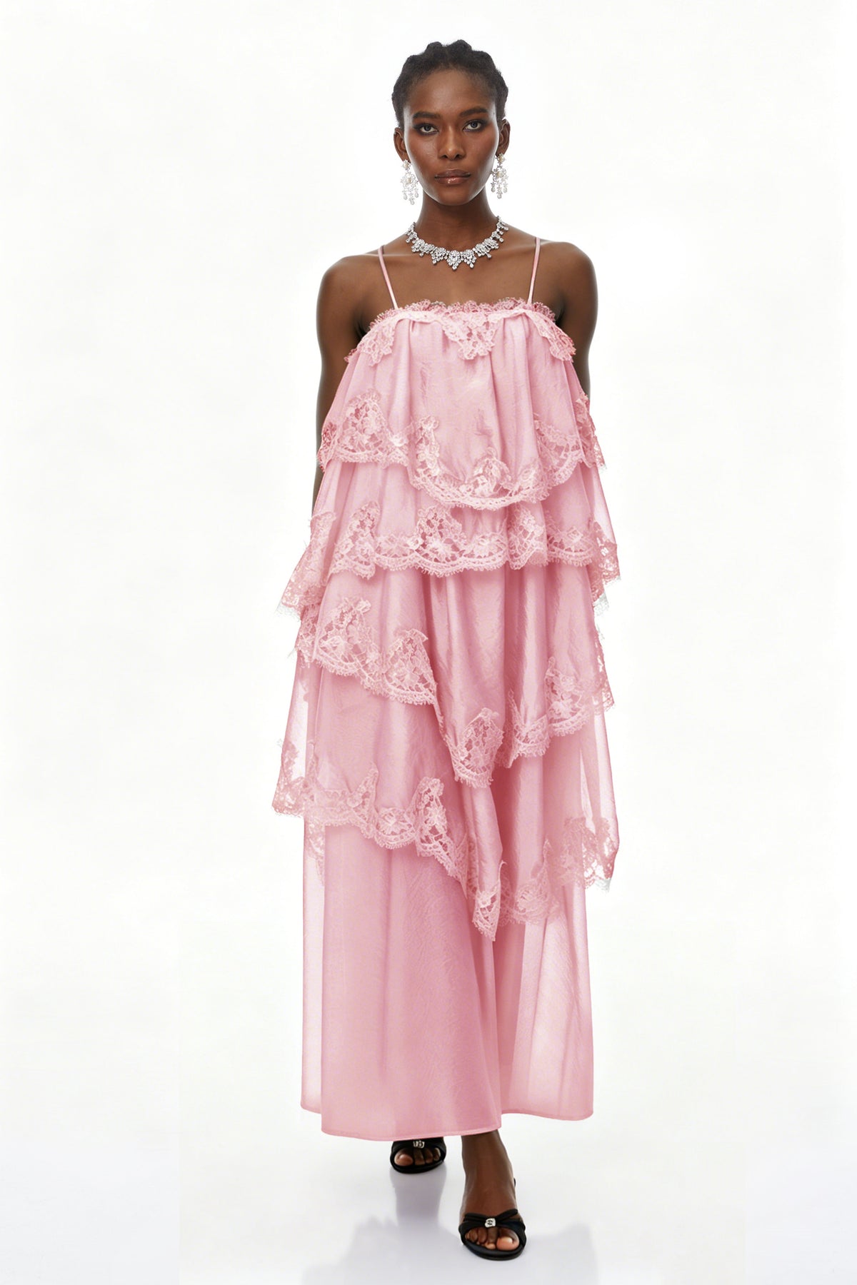 Rhema Pink Tiered Maxi Dress with Lace Trim