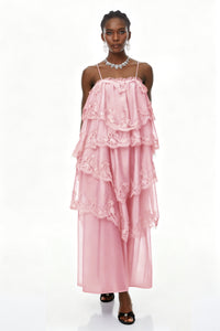 Rhema Pink Tiered Maxi Dress with Lace Trim