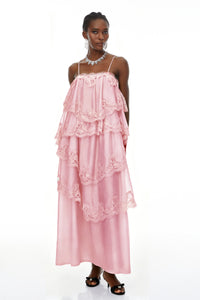 Rhema Pink Tiered Maxi Dress with Lace Trim
