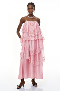 Rhema Pink Tiered Maxi Dress with Lace Trim