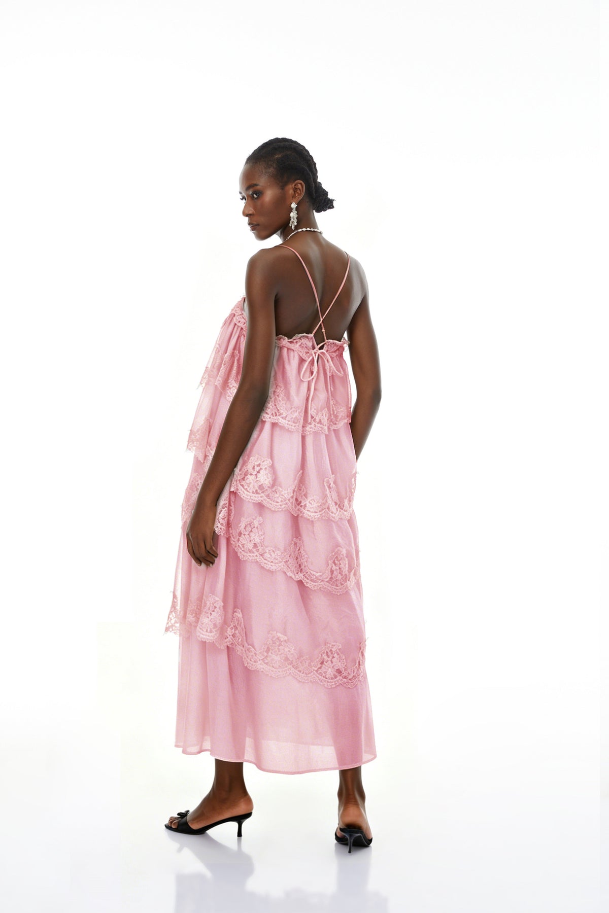 Rhema Pink Tiered Maxi Dress with Lace Trim