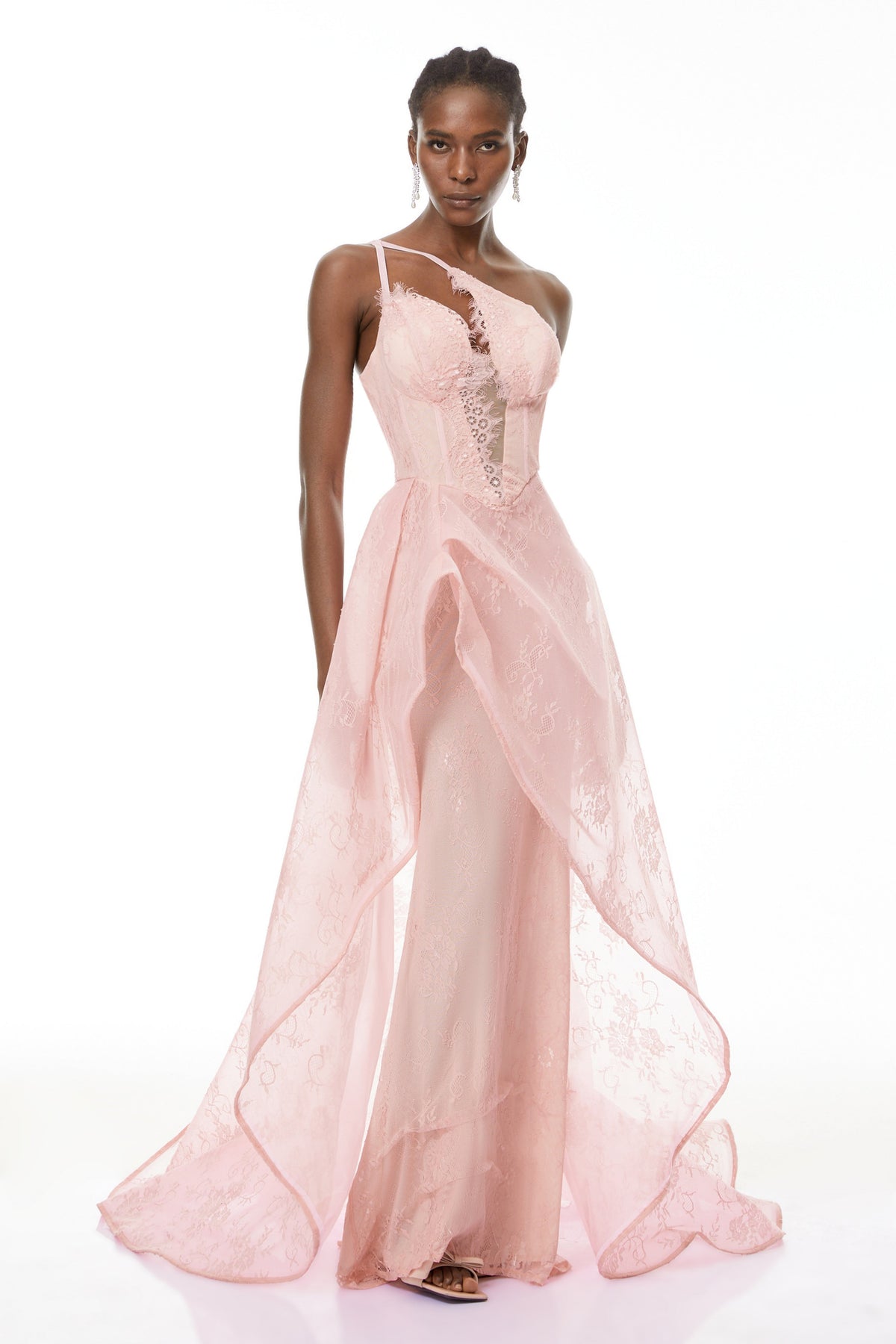 Ricarda Pink One Shoulder Lace Maxi Dress