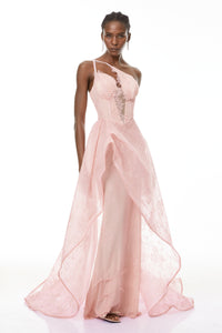 Ricarda Pink One Shoulder Lace Maxi Dress