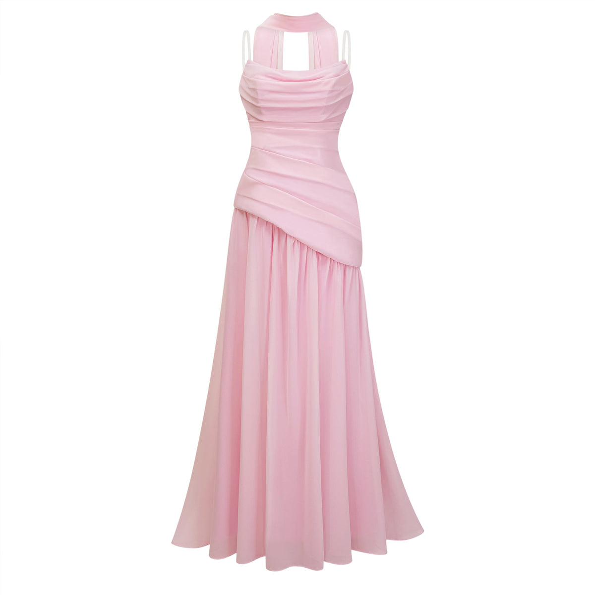 Romane Pink Strapless Corset Chiffon Maxi Dress