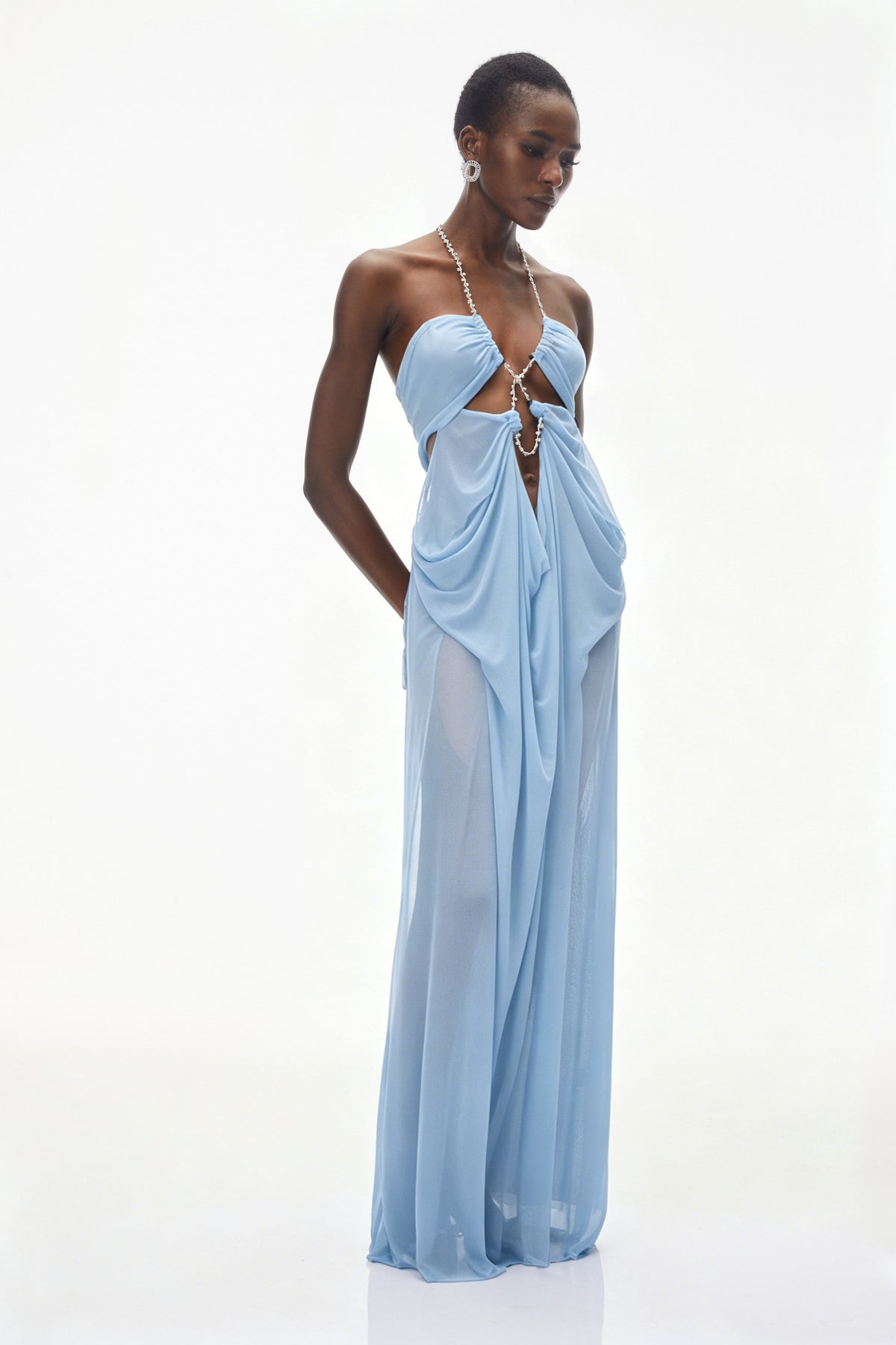 Ronit Blue Semi-Sheer Mesh Maxi Dress
