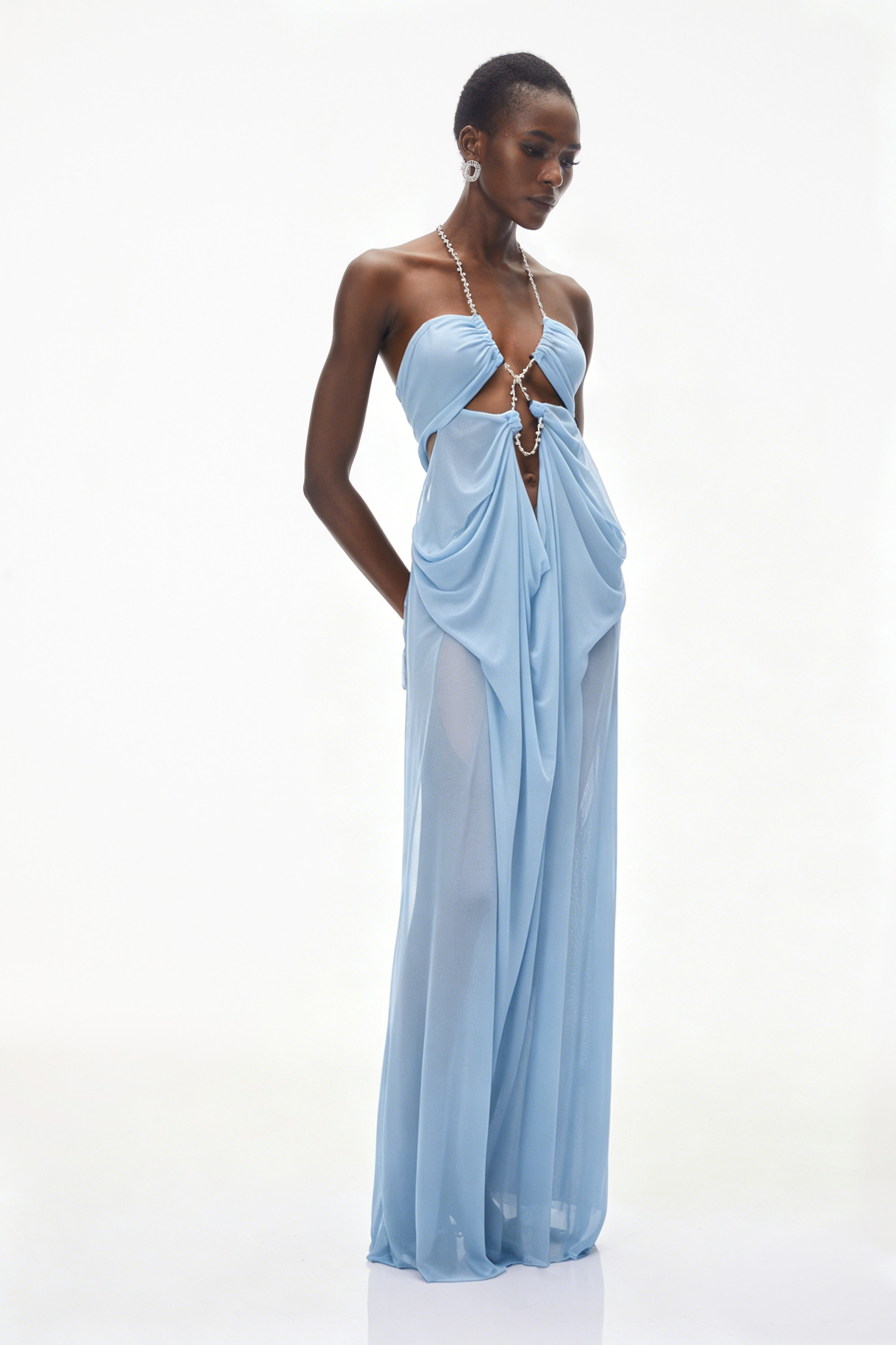 Ronit Blue Semi-Sheer Mesh Maxi Dress