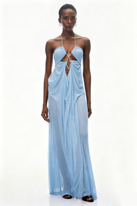 Ronit Blue Semi-Sheer Mesh Maxi Dress