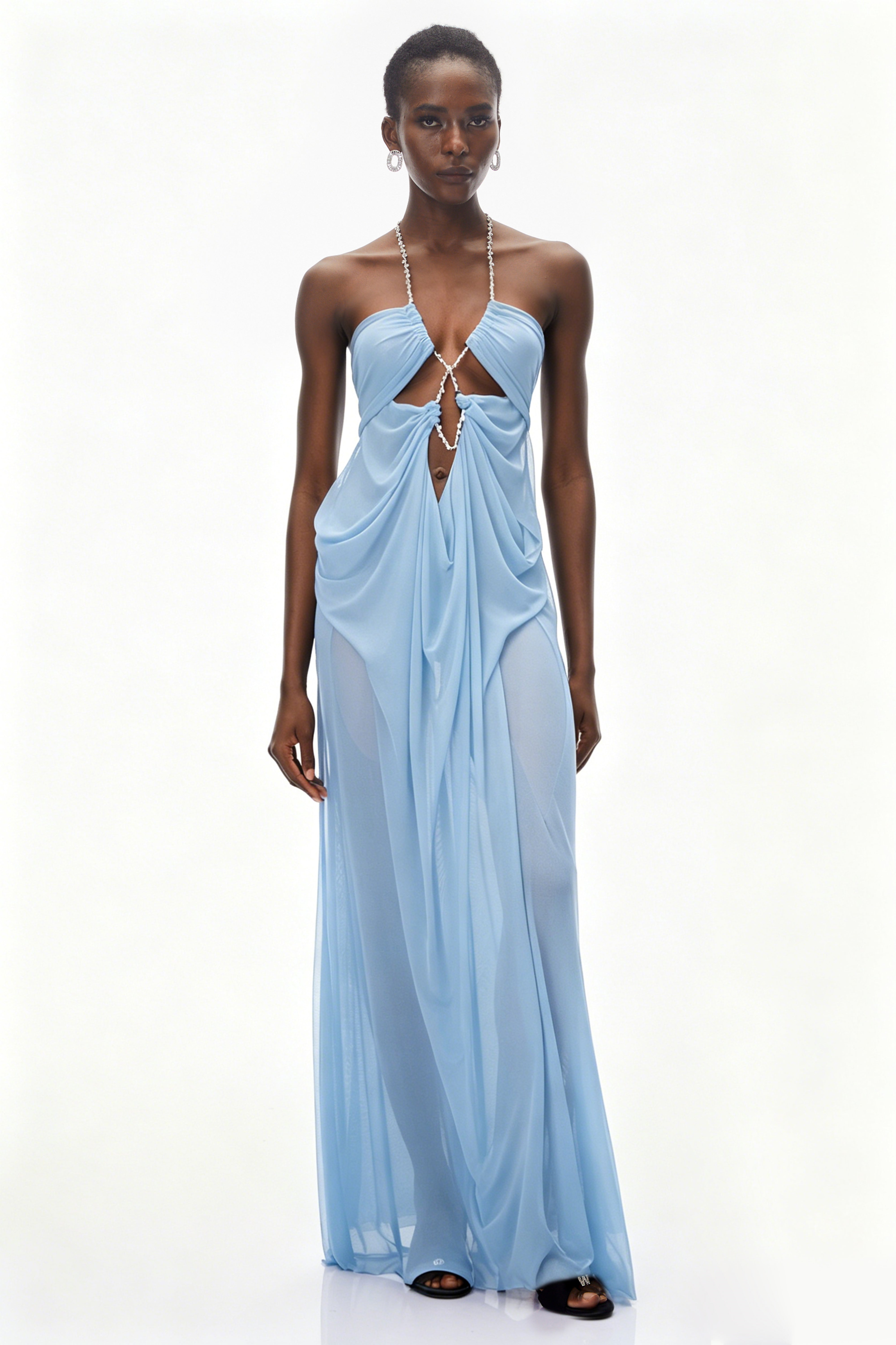Ronit Blue Semi-Sheer Mesh Maxi Dress