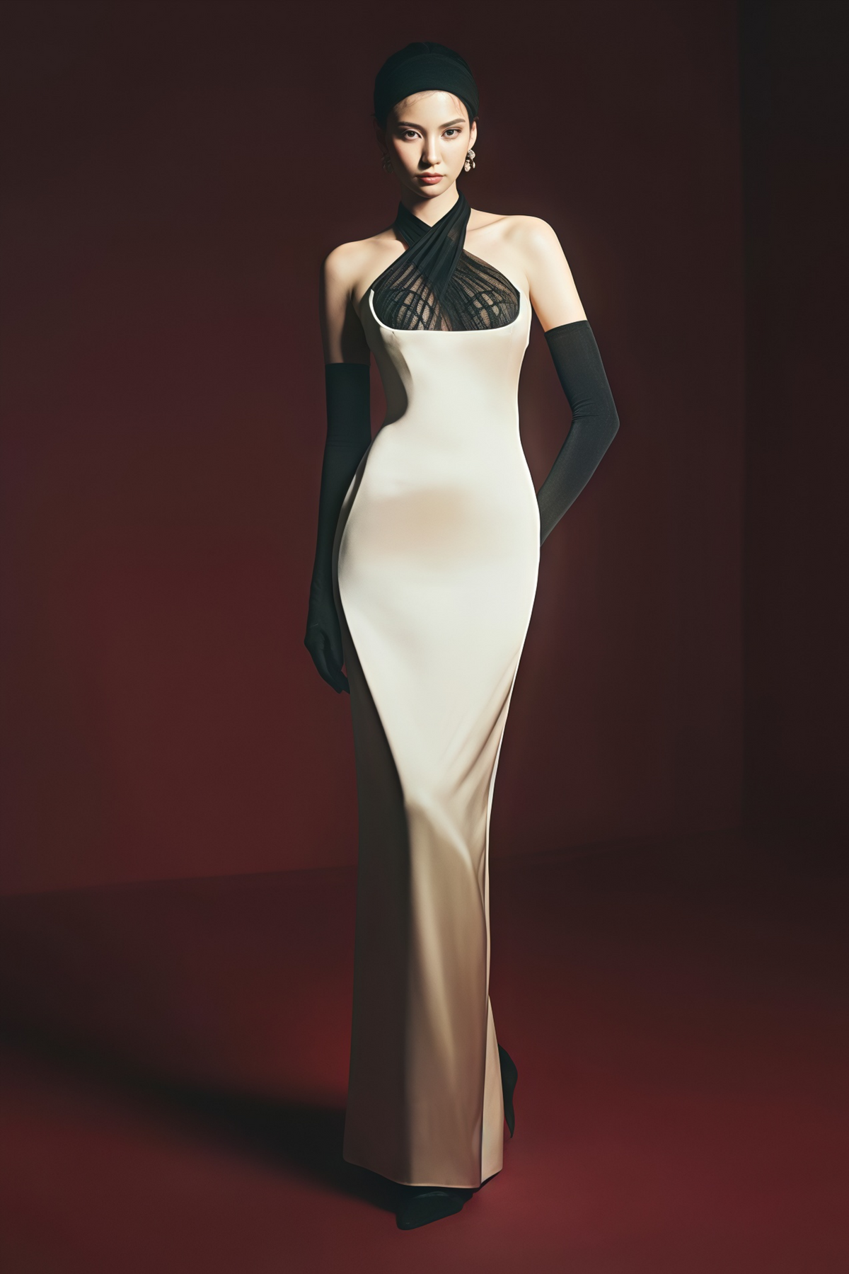 Ronit Champagne Satin Maxi Dress with Tulle Panels