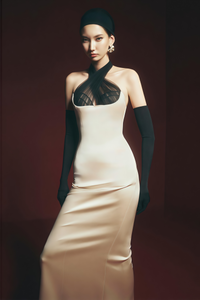 Ronit Champagne Satin Maxi Dress with Tulle Panels