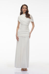 Rosalyn White Crew Neck Ruched Maxi Dress