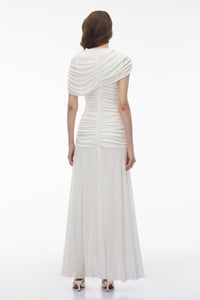 Rosalyn White Crew Neck Ruched Maxi Dress