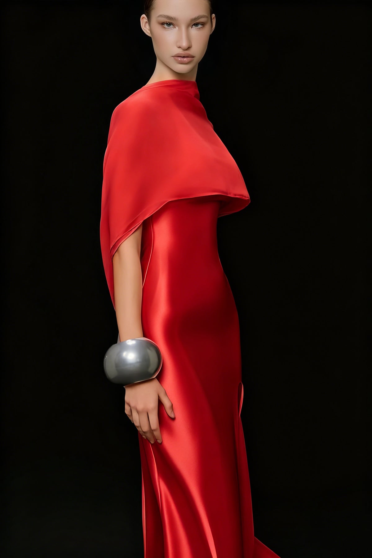 Rosana Red Tiered Cape Maxi Dress with High Slit