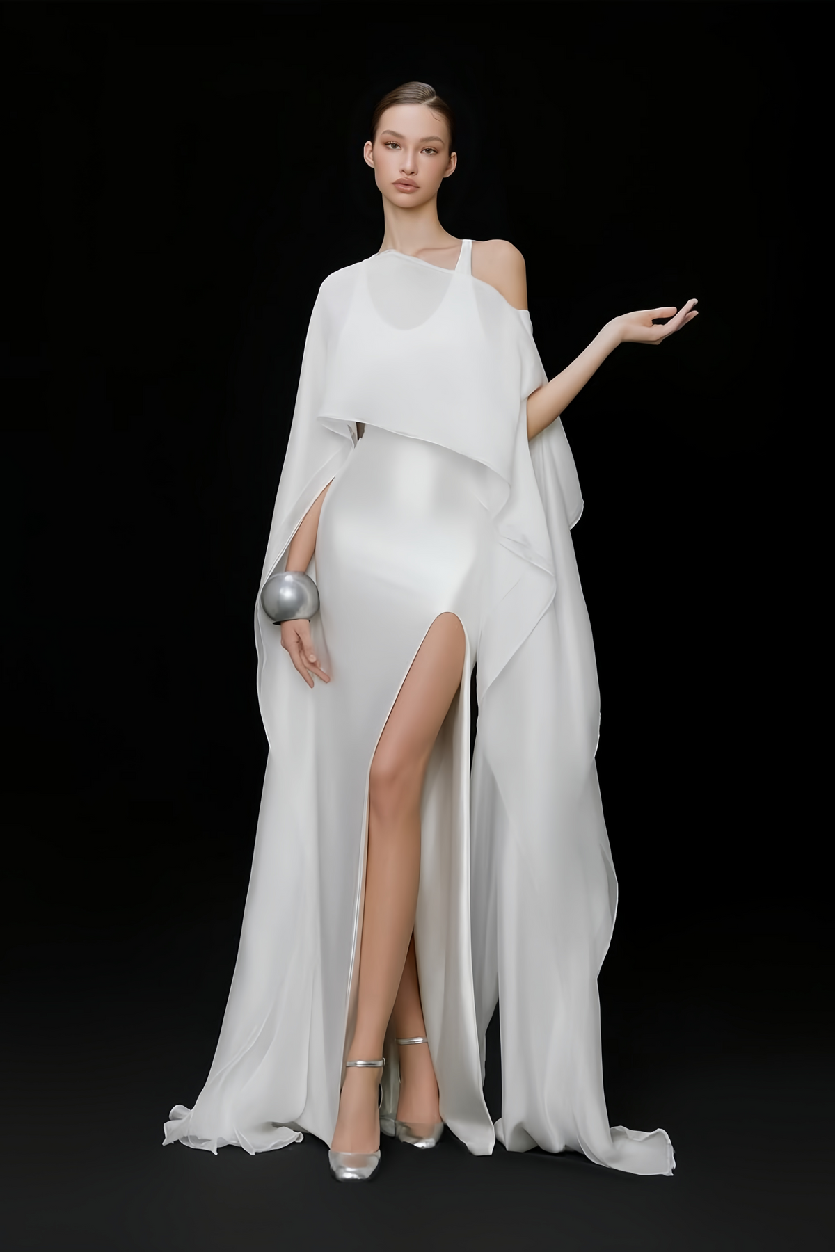 Rosana White Tiered Cape Maxi Dress with High Slit