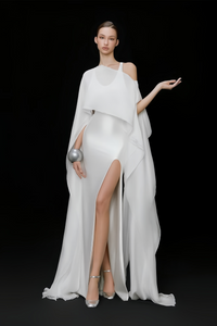 Rosana White Tiered Cape Maxi Dress with High Slit