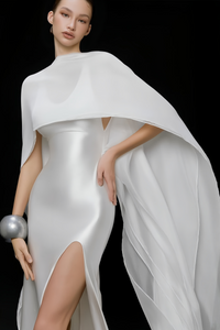 Rosana White Tiered Cape Maxi Dress with High Slit