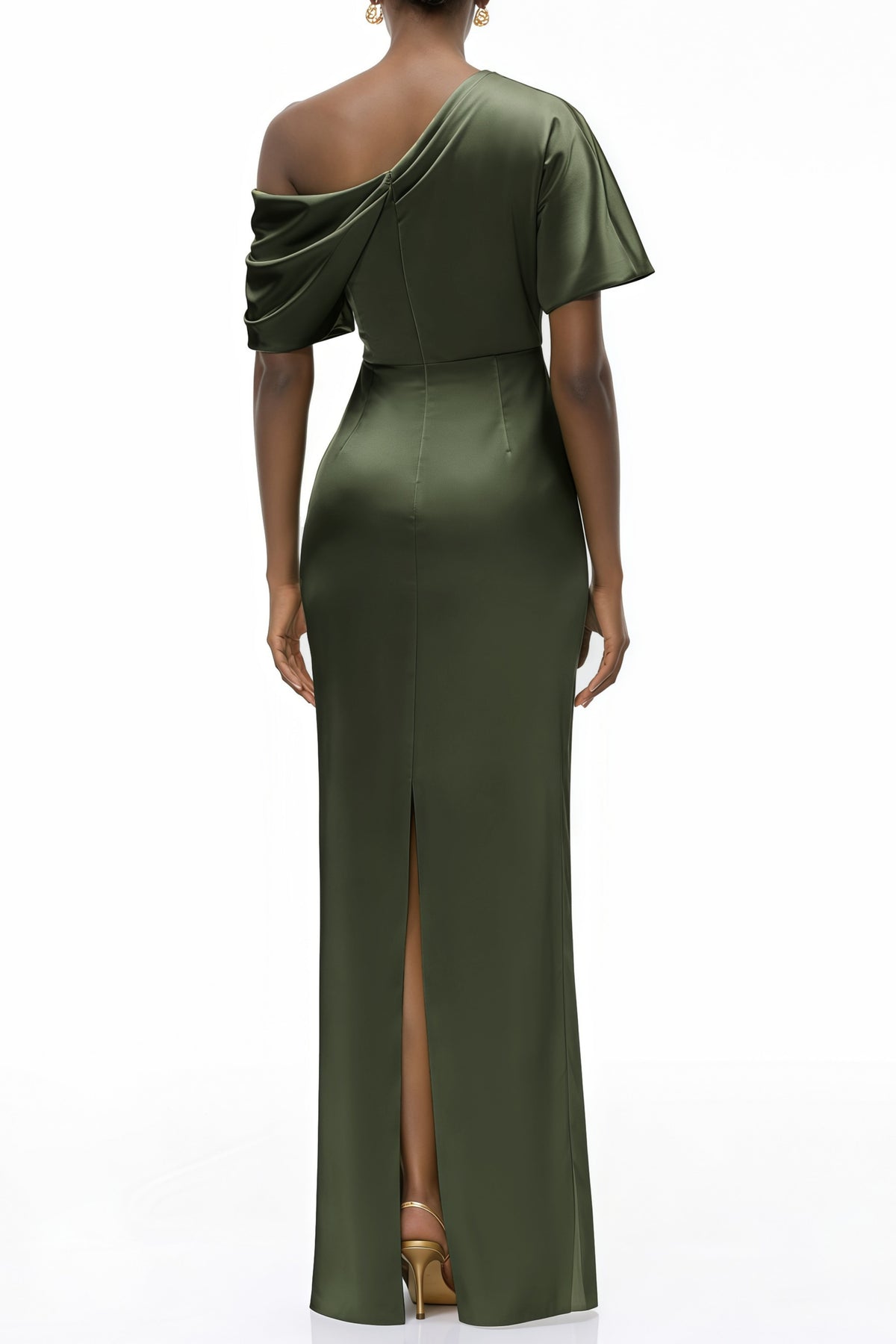 Roshan Emerald Green One Shoulder Satin Maxi Dress