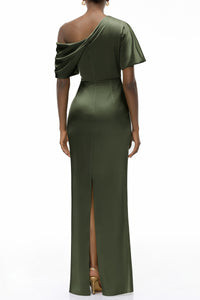 Roshan Emerald Green One Shoulder Satin Maxi Dress
