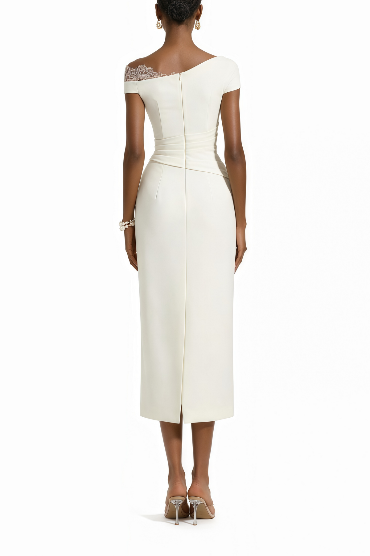 Roshanak White One Shoulder Midi Dress with Lace Panels