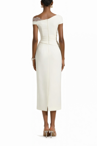 Roshanak White One Shoulder Midi Dress with Lace Panels
