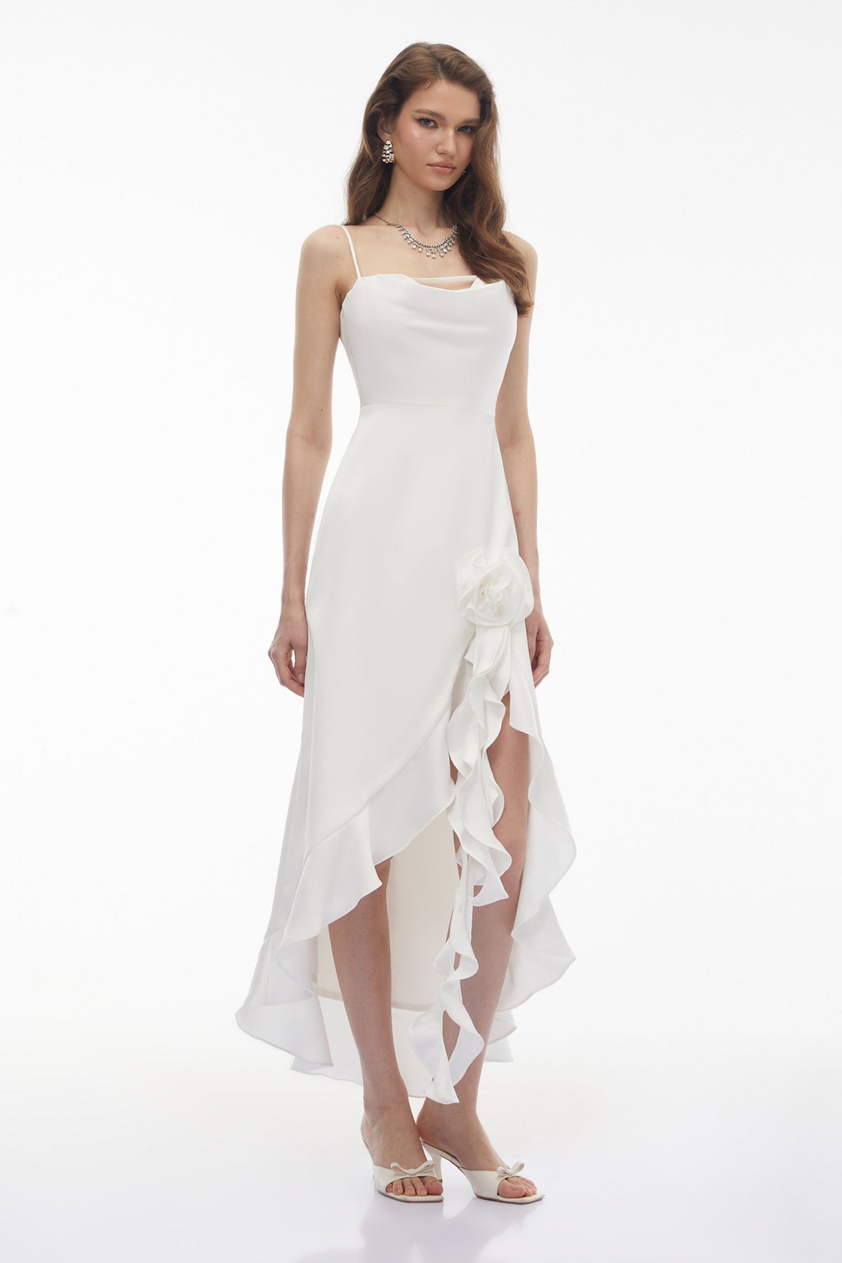 Rosie White Ruffled Maxi Dress with 3D Floral