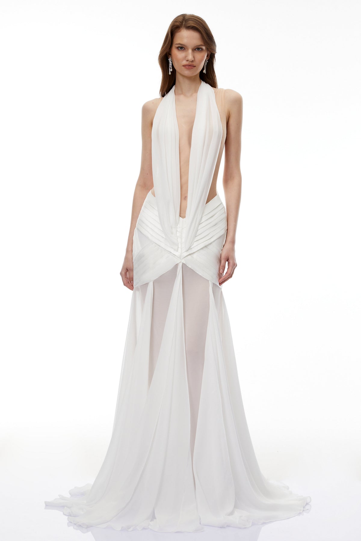 Ruan White Semi-Sheer Ruched Maxi Dress