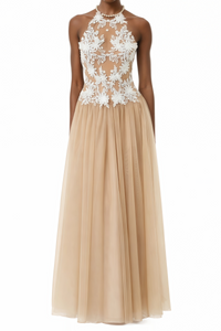 Ruqayya Neutral Floral Embroidered Pleated Maxi Dress