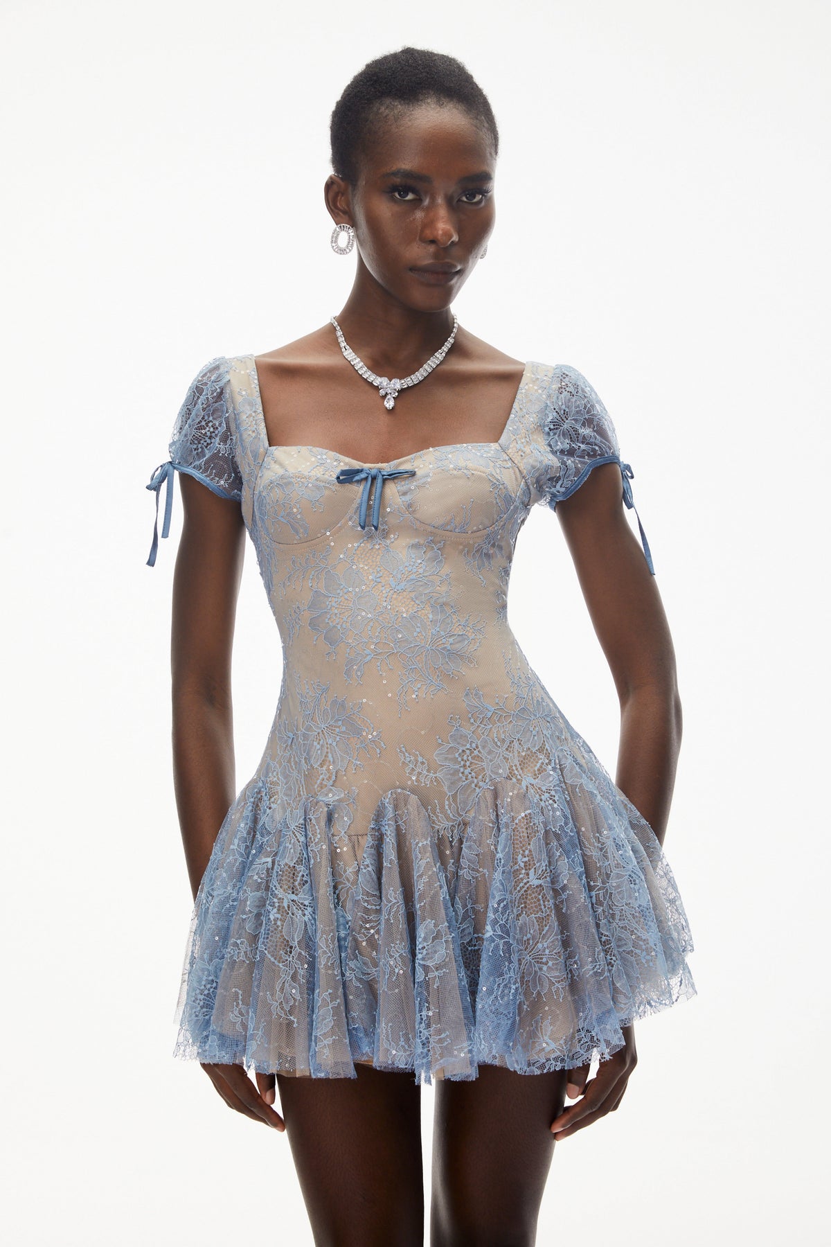 Ruslana Dusty Blue Ruched Lace Mini Dress