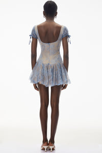 Ruslana Dusty Blue Ruched Lace Mini Dress
