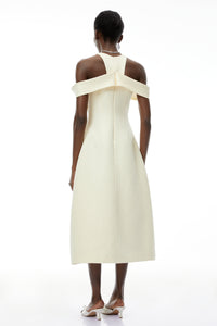 Saara Neutral Cold Shoulder Ruched Midi Dress