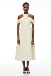 Saara Neutral Cold Shoulder Ruched Midi Dress