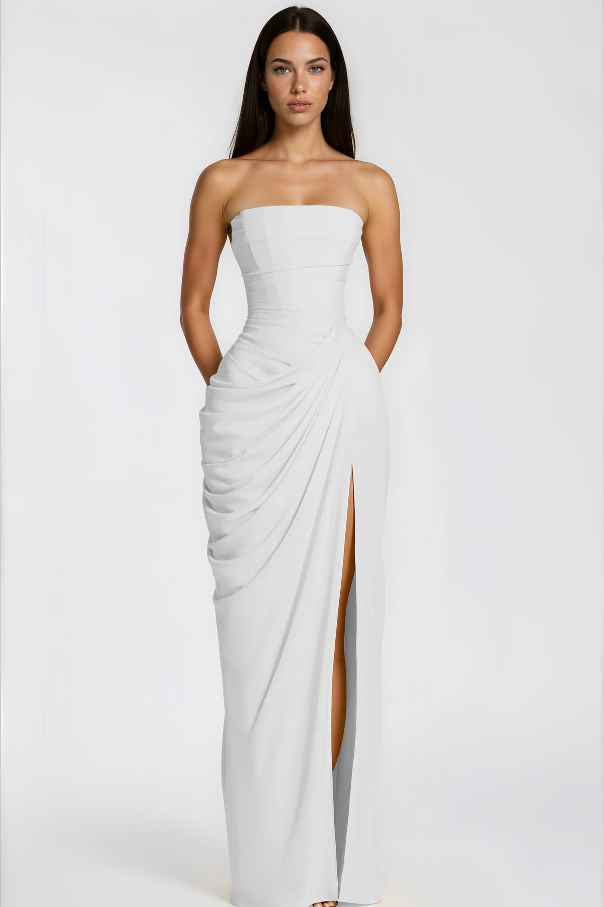 Safiya White Ruched Maxi Dress with Cross Front